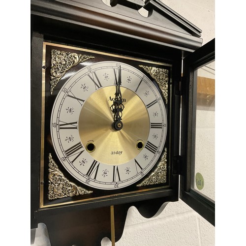 466 - MODERN MAHOGANY CASED WALL CLOCK WITH BRASS PENDULUM