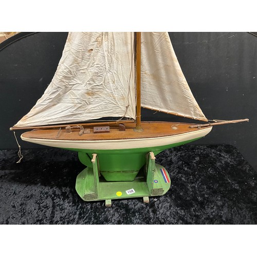 158 - ANTIQUE WOODEN POND YACHT WITH STAND ALL ORIGUNAL SAILS AND RIGGING L32