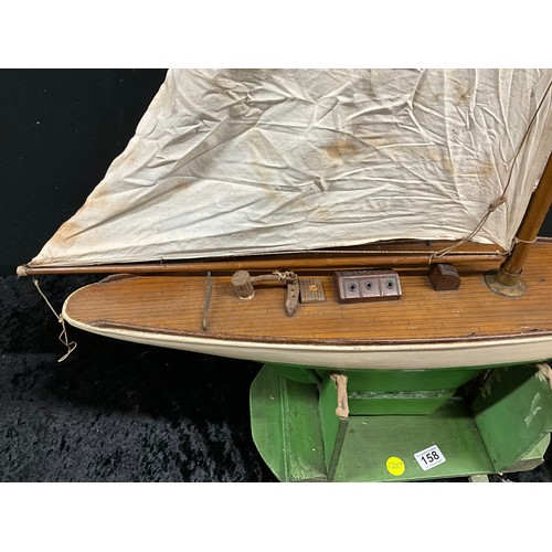 158 - ANTIQUE WOODEN POND YACHT WITH STAND ALL ORIGUNAL SAILS AND RIGGING L32