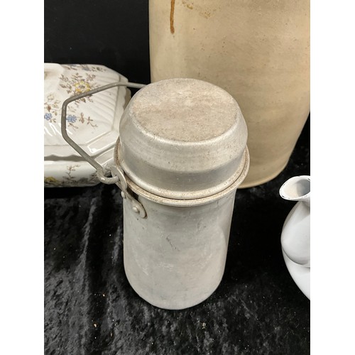 163 - BOX OF KITCHENWARE TO INCLUDE VINTAGE BUTTER CHURN CERAMIC SERVING DISHES ENAMEL TEA POT CERAMC WALL... 