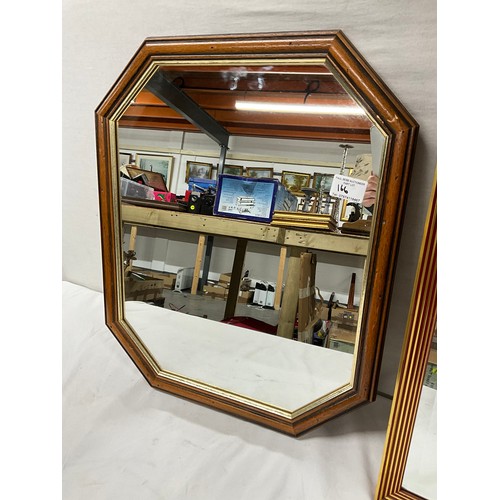 166 - TWO MODERN MIRRORS ONE RECTANGULAR FORM WITH BEVELLED EDGE AND OCTAGONAL OAK MIRROR  WITH LARGEST 22... 