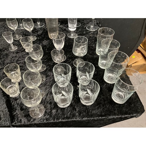 164 - TWO BOXES OF ASSORTED GLASSWARE  TO INCLUDE SHERRY GLASSES DESSERT DISHES WINE GLASSES GLASS JARS ET... 