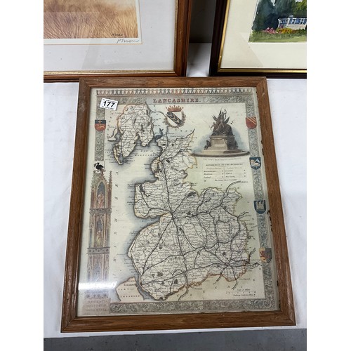 177 - OAK FRAMED EARLY MAP OF LANCASHIRE WITH WATERCOLOR DEPICTING MANOR HOUSE SIGNED G SHERMAN PRINT OF A... 