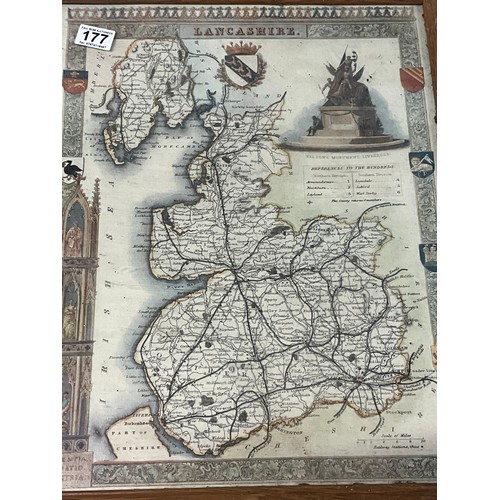 177 - OAK FRAMED EARLY MAP OF LANCASHIRE WITH WATERCOLOR DEPICTING MANOR HOUSE SIGNED G SHERMAN PRINT OF A... 