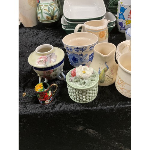 190 - THREE BOXES OF ASSORTED CERAMICS TO INCLUDE CUPS JUGS DISHES VASES ETC