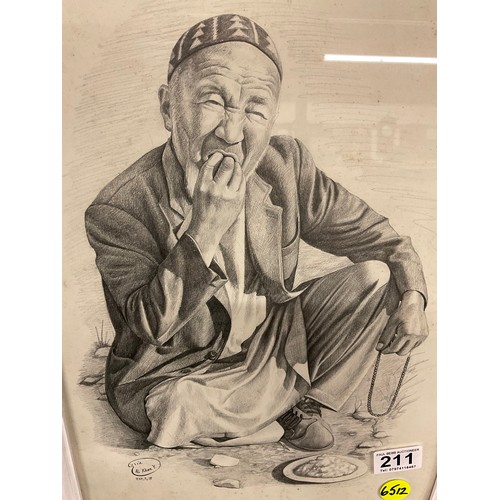 211 - ORIGINAL PENCIL SKETCH OF GENTLEMAN SITTING EATING FOOD SIGNED ALI KHAN