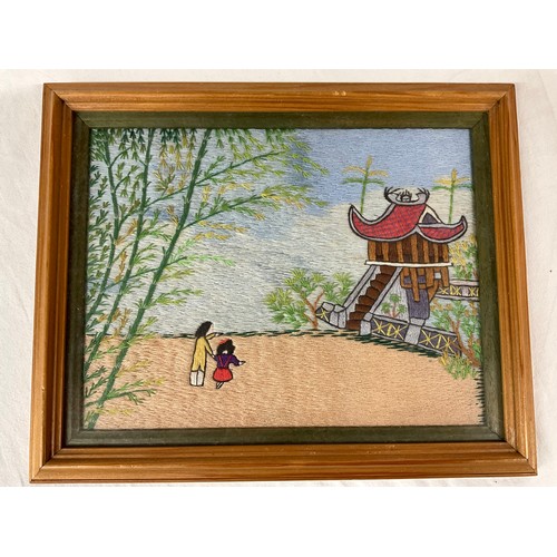 229 - FOUR NEEDLE WORK EMBELISHED PICTURES OF VARIOUS SCENES ALL IN WOODEN FRAMES LARGEST 12