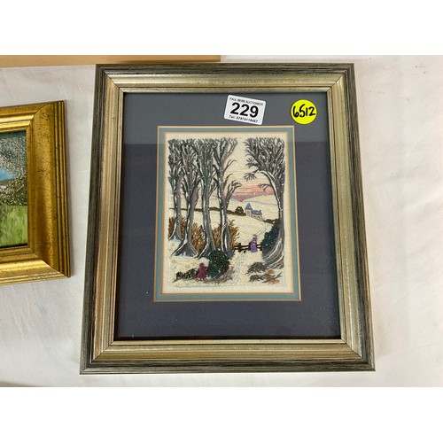 229 - FOUR NEEDLE WORK EMBELISHED PICTURES OF VARIOUS SCENES ALL IN WOODEN FRAMES LARGEST 12