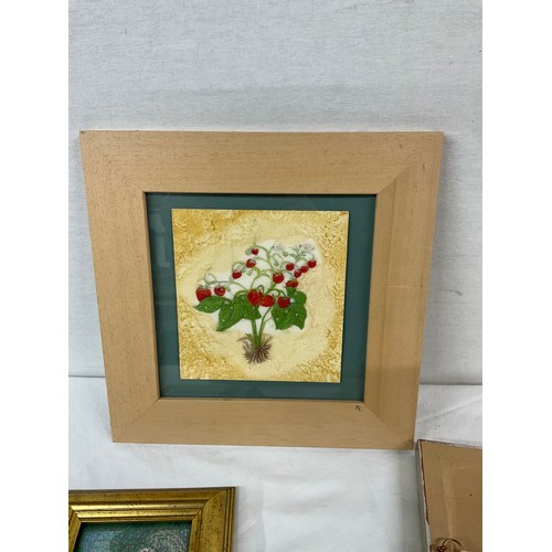 229 - FOUR NEEDLE WORK EMBELISHED PICTURES OF VARIOUS SCENES ALL IN WOODEN FRAMES LARGEST 12