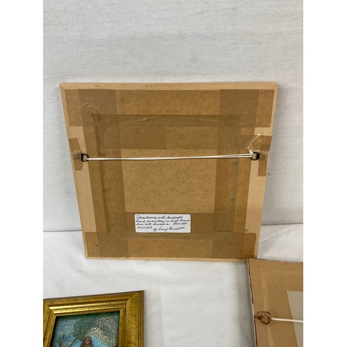 229 - FOUR NEEDLE WORK EMBELISHED PICTURES OF VARIOUS SCENES ALL IN WOODEN FRAMES LARGEST 12