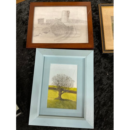 232 - QUANTITY OF  MODERN PICTURES TO INCLUDE WATERCOLOURS VINTAGE PRINTS AND OIL ON BOARD WOODLAND SCENE ... 