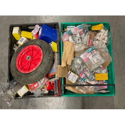 234 - TWO BOXES OF HARDWARE TO INCLUDES NUTS RAWL PLUGS MAGNETIC TOOL HANGERS FIXINGS WHEELBARROW WHEEL ET... 