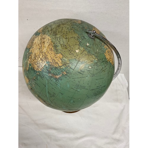 239 - VINTAGE TABLE TOP WORLD GLOBE WITH PAPER GLOBE WOODEN BASE AND CHROME FRAME H19