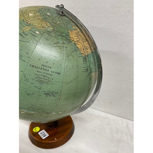 239 - VINTAGE TABLE TOP WORLD GLOBE WITH PAPER GLOBE WOODEN BASE AND CHROME FRAME H19