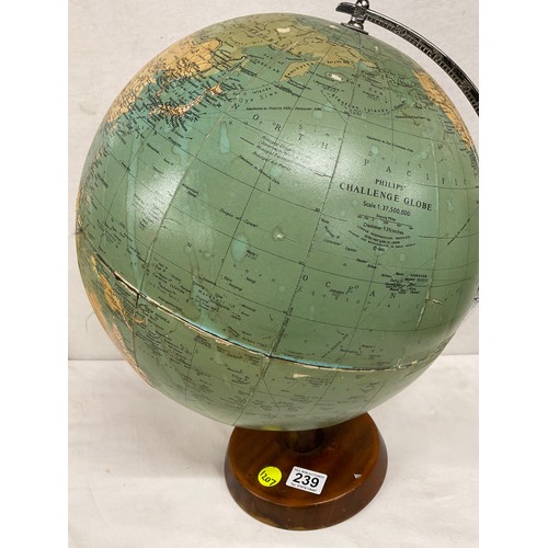 239 - VINTAGE TABLE TOP WORLD GLOBE WITH PAPER GLOBE WOODEN BASE AND CHROME FRAME H19