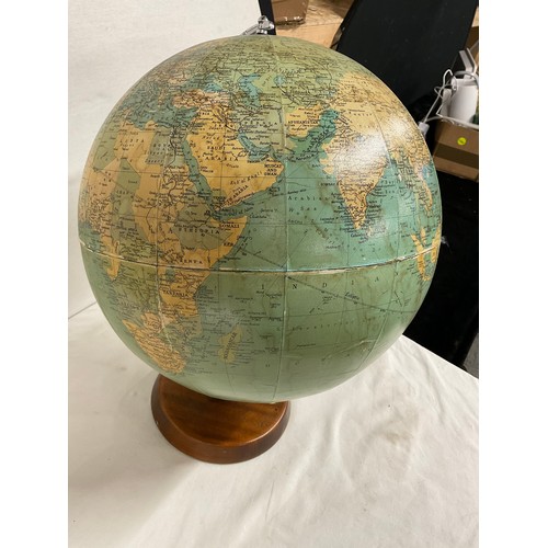 239 - VINTAGE TABLE TOP WORLD GLOBE WITH PAPER GLOBE WOODEN BASE AND CHROME FRAME H19