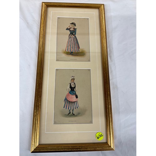 240 - TWO WOODEN GILT FRAMED MOUNTED PICTURES OF LADIES IN COSTUMES/PERIODS