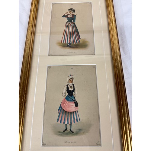 240 - TWO WOODEN GILT FRAMED MOUNTED PICTURES OF LADIES IN COSTUMES/PERIODS