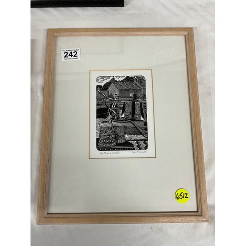 242 - FIVE FRAMED BLACK AND WHITE PRINTS TWO DEPICTING ASIAN GOTHIC SCENES AND THREE ETCHINGS BY PAM EDWOR... 