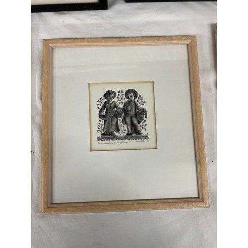 242 - FIVE FRAMED BLACK AND WHITE PRINTS TWO DEPICTING ASIAN GOTHIC SCENES AND THREE ETCHINGS BY PAM EDWOR... 