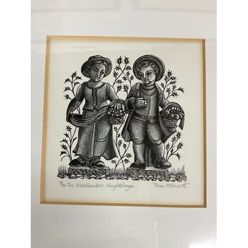 242 - FIVE FRAMED BLACK AND WHITE PRINTS TWO DEPICTING ASIAN GOTHIC SCENES AND THREE ETCHINGS BY PAM EDWOR... 