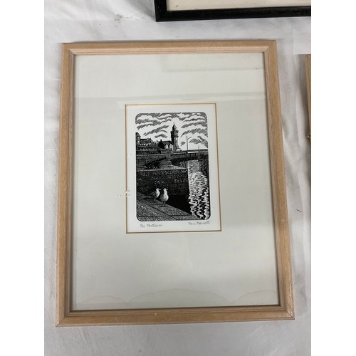 242 - FIVE FRAMED BLACK AND WHITE PRINTS TWO DEPICTING ASIAN GOTHIC SCENES AND THREE ETCHINGS BY PAM EDWOR... 