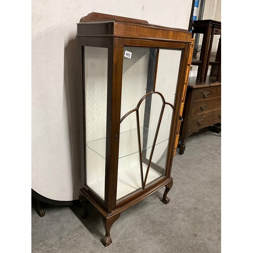 482 - 1930S ART DECO MAHOGANY  CABINET WITH GLASS SHELVES AND BALL AND CLAW FEET W22