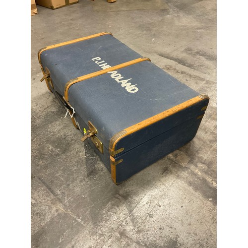 249 - VINTAGE TRAVEL TRUNK WITH WOODEN BANDING AND BRASS FITTINGS L29