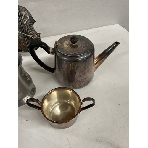 247 - BOX 0F ASSORTED METALWARE AND FIGURINES TO INCLUDE PUWTER JUGS PLATED TEA AND COFFEE JUG MP3 PLAYER ... 