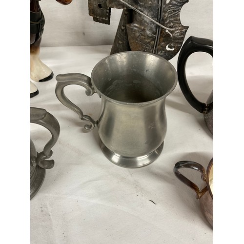 247 - BOX 0F ASSORTED METALWARE AND FIGURINES TO INCLUDE PUWTER JUGS PLATED TEA AND COFFEE JUG MP3 PLAYER ... 