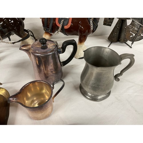 247 - BOX 0F ASSORTED METALWARE AND FIGURINES TO INCLUDE PUWTER JUGS PLATED TEA AND COFFEE JUG MP3 PLAYER ... 