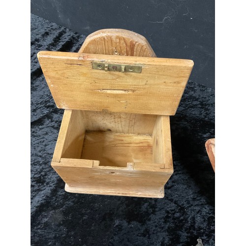 251 - ANTIQUE SALT BOX ALONG WITH BOXED VINTAGE METAL MINCER AND WOODEN OVAL BOWL POSSIBLY CONTINENTAL