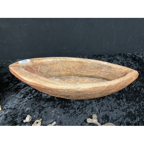 251 - ANTIQUE SALT BOX ALONG WITH BOXED VINTAGE METAL MINCER AND WOODEN OVAL BOWL POSSIBLY CONTINENTAL