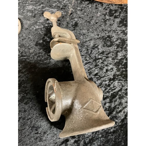 251 - ANTIQUE SALT BOX ALONG WITH BOXED VINTAGE METAL MINCER AND WOODEN OVAL BOWL POSSIBLY CONTINENTAL