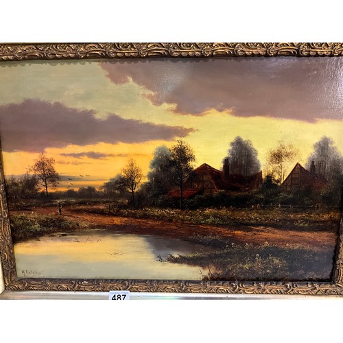 487 - VINTAGE GILT FRAMED OIL PAINTING ON CANVAS TITLED SUNSET NEAR DORKING 98 BY H COLE 28