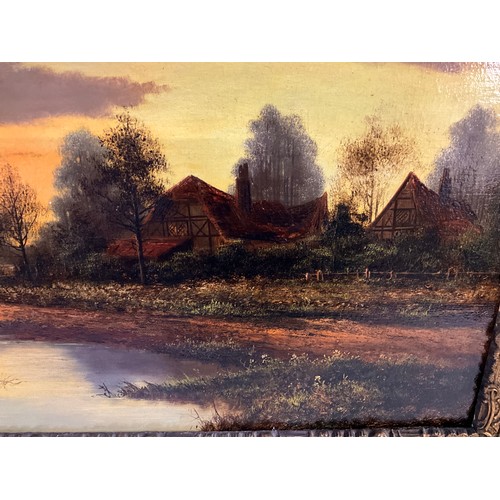 487 - VINTAGE GILT FRAMED OIL PAINTING ON CANVAS TITLED SUNSET NEAR DORKING 98 BY H COLE 28