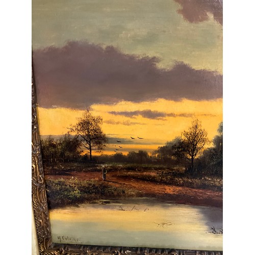 487 - VINTAGE GILT FRAMED OIL PAINTING ON CANVAS TITLED SUNSET NEAR DORKING 98 BY H COLE 28