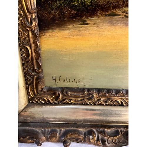 487 - VINTAGE GILT FRAMED OIL PAINTING ON CANVAS TITLED SUNSET NEAR DORKING 98 BY H COLE 28