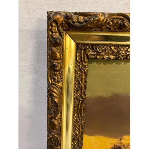 487 - VINTAGE GILT FRAMED OIL PAINTING ON CANVAS TITLED SUNSET NEAR DORKING 98 BY H COLE 28