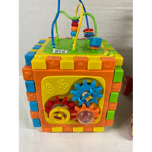 279 - ONE VINTAGE WOODEN WALKER AND ONE OTHER MODERN PLASTIC ACTIVITY CUBE