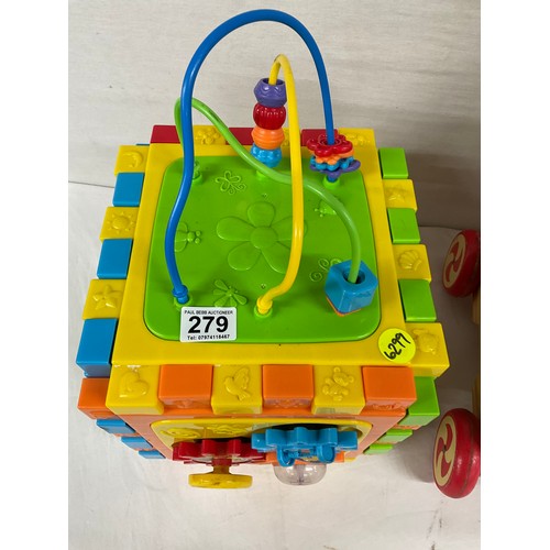 279 - ONE VINTAGE WOODEN WALKER AND ONE OTHER MODERN PLASTIC ACTIVITY CUBE