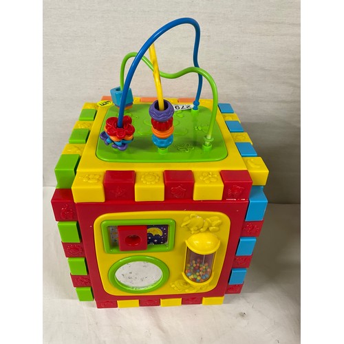 279 - ONE VINTAGE WOODEN WALKER AND ONE OTHER MODERN PLASTIC ACTIVITY CUBE