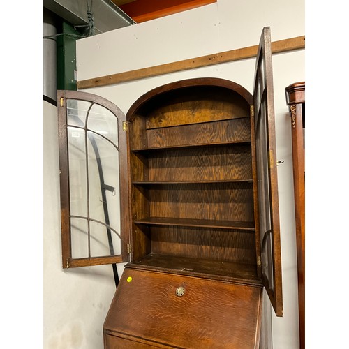 493 - 1930S ART DECO OAK BUREAU BOOK CASE WITH GLAZED DOORS TO TOP W29