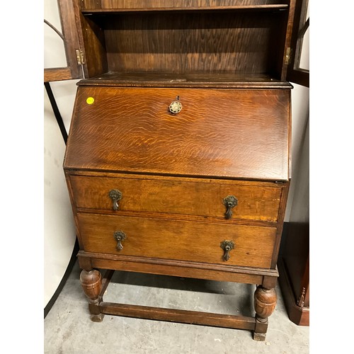 493 - 1930S ART DECO OAK BUREAU BOOK CASE WITH GLAZED DOORS TO TOP W29