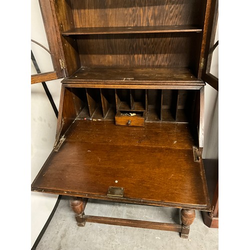 493 - 1930S ART DECO OAK BUREAU BOOK CASE WITH GLAZED DOORS TO TOP W29