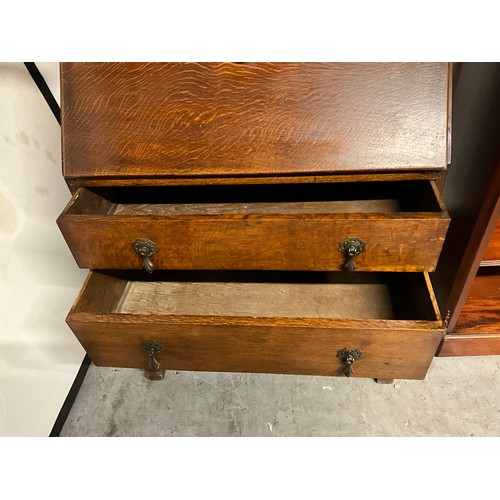 493 - 1930S ART DECO OAK BUREAU BOOK CASE WITH GLAZED DOORS TO TOP W29