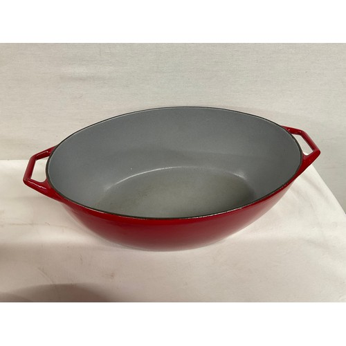 288 - BOX OF CAST IRON COOKWARE TO INCLUDE RED CASSEROLE DISH LE CREUSET SAUCEPAN WITH LID AND TWO OTHER L... 