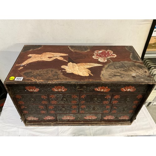 505 - ANTIQUE ORIENTAL TRAVELLING CHEST OF 12 DRAWERS WITH LACQUERED FLORAL DECORATION A/F W32