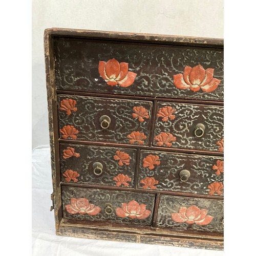 505 - ANTIQUE ORIENTAL TRAVELLING CHEST OF 12 DRAWERS WITH LACQUERED FLORAL DECORATION A/F W32