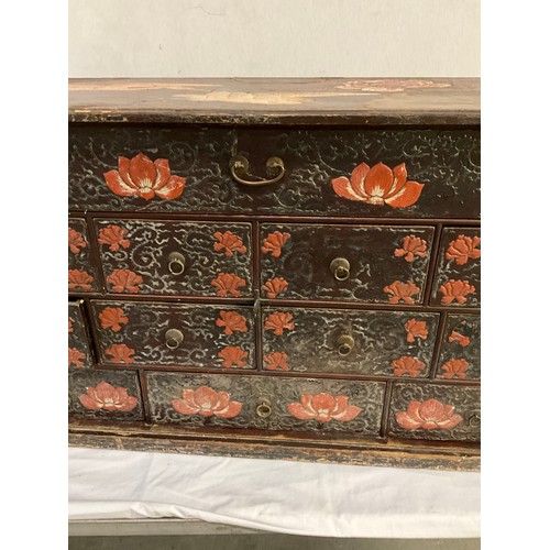 505 - ANTIQUE ORIENTAL TRAVELLING CHEST OF 12 DRAWERS WITH LACQUERED FLORAL DECORATION A/F W32